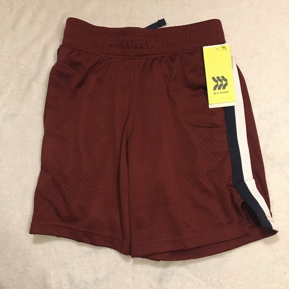 All in Motion Mesh Shorts Boys S 6/7 Burgundy NWT Side Stripe Athletic Gym